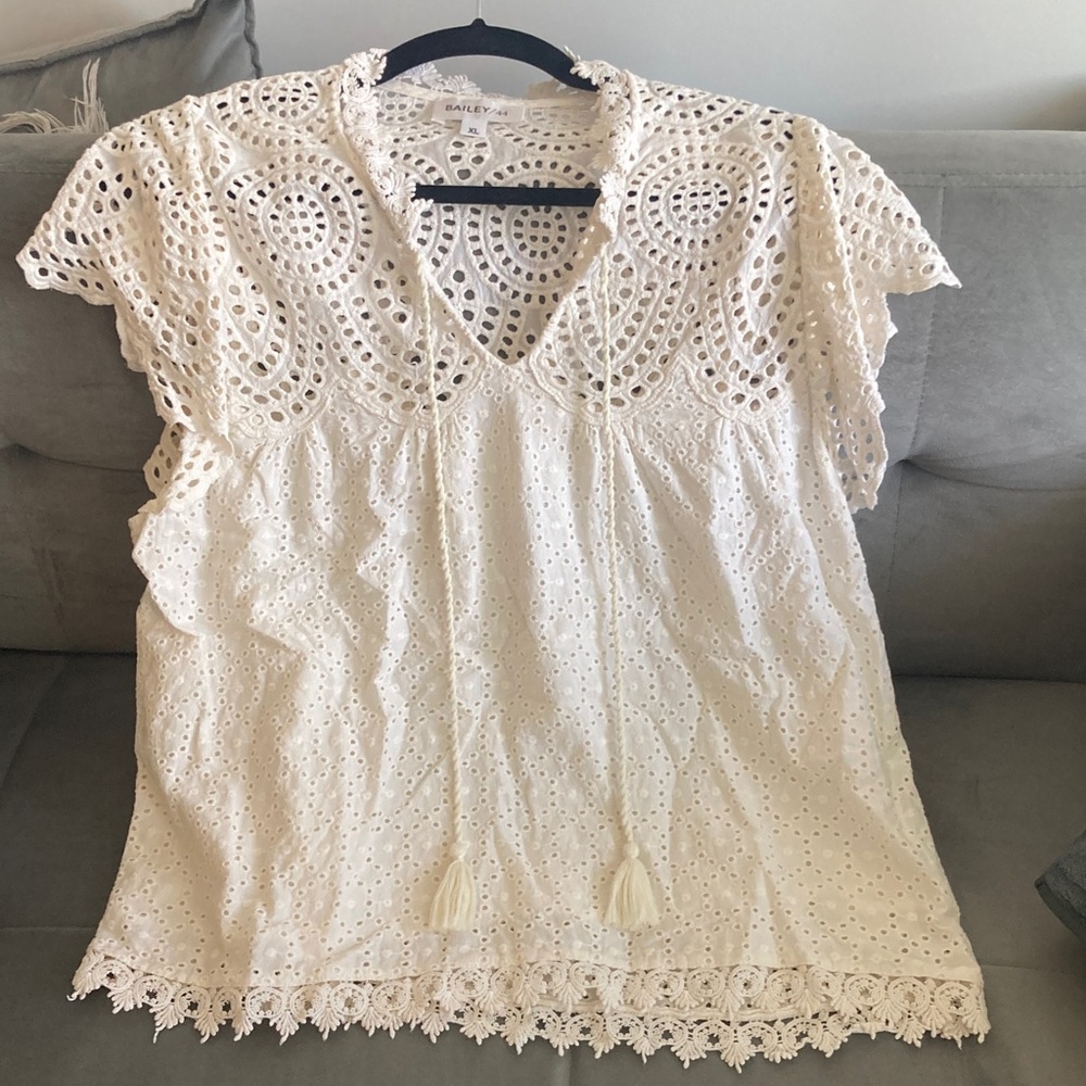 Bailey 44 Cream Eyelet Tassel V-Neck Blouse